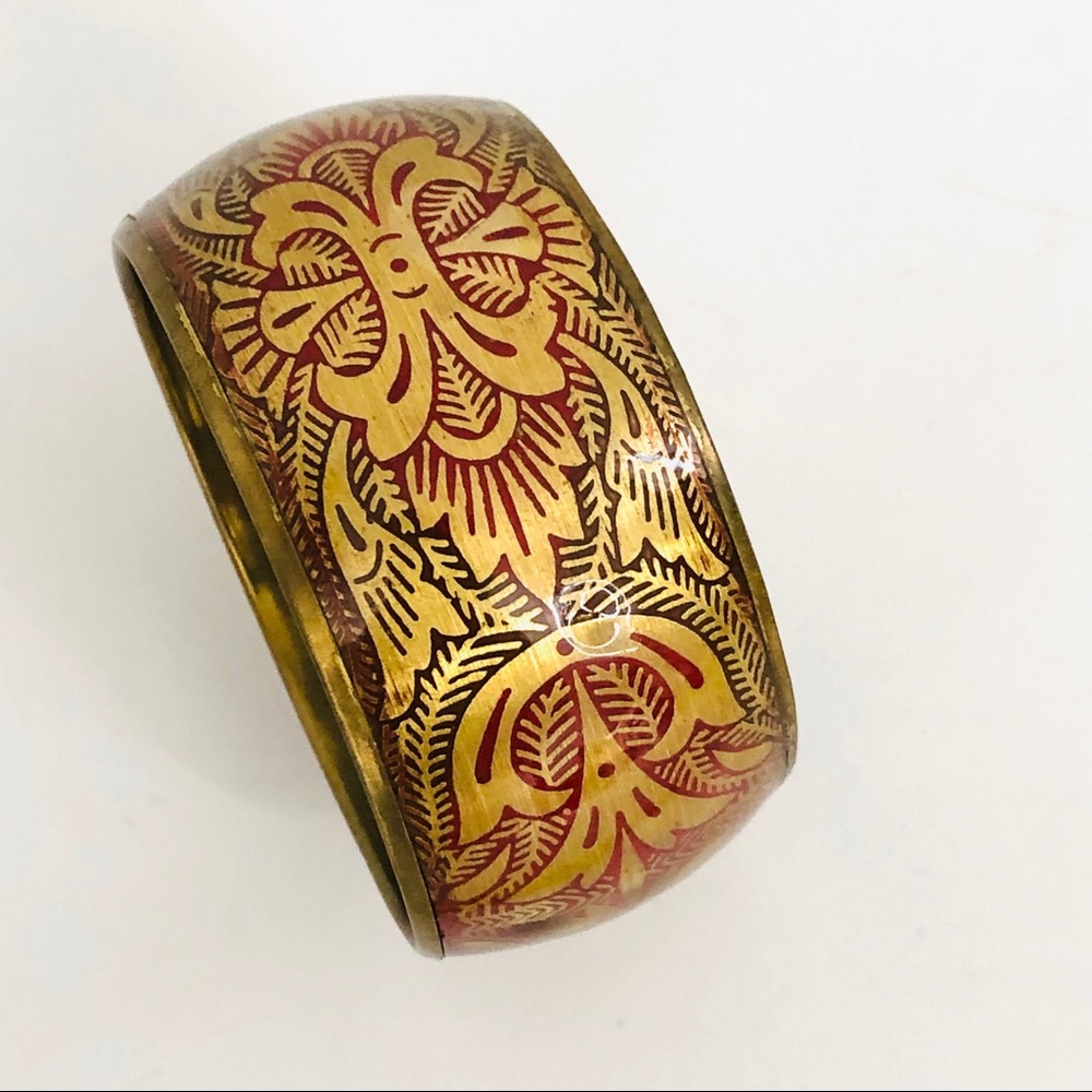 Metal Scroll Boho Print Wide Bangle Vintage